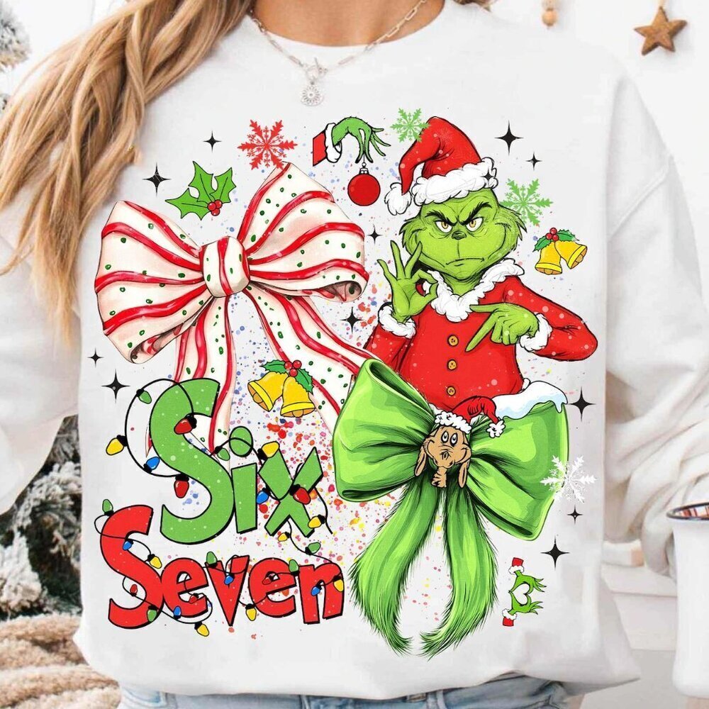Coquette Bow Six Seven Meme Christmas Sweatshirt with Grinch the Green Guy